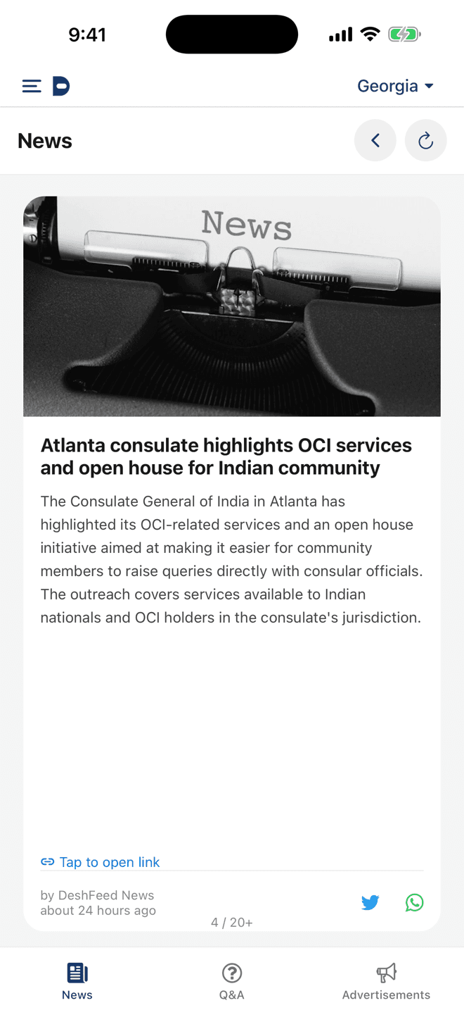 DeshFeed news card about the Atlanta consulate's OCI services, with Georgia selected as the state