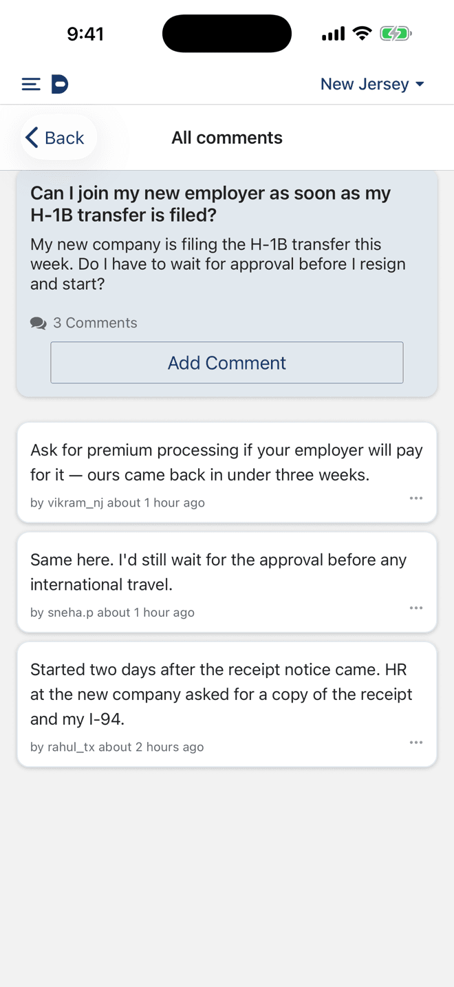 Comment thread with community replies about H-1B transfer timelines