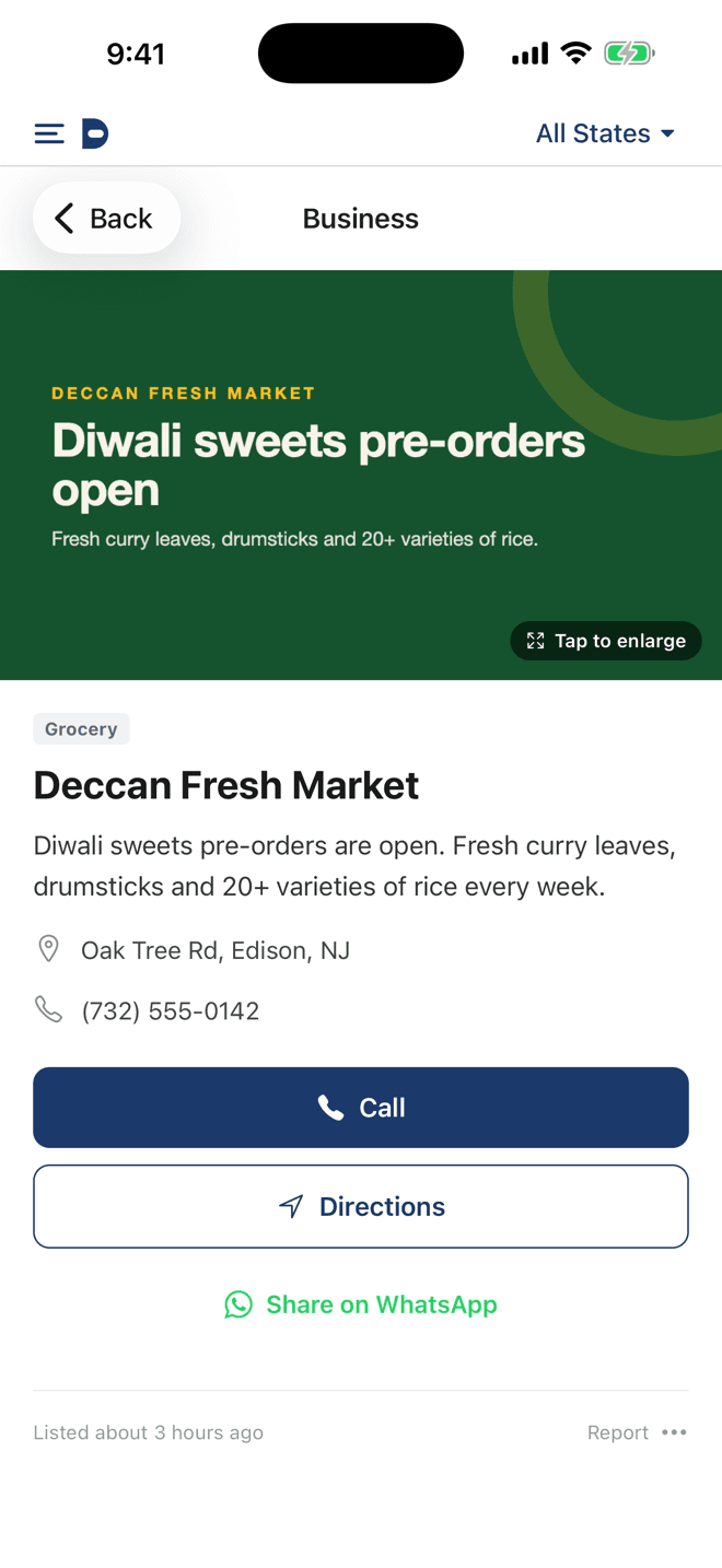 Business page for a grocery store with call and directions buttons